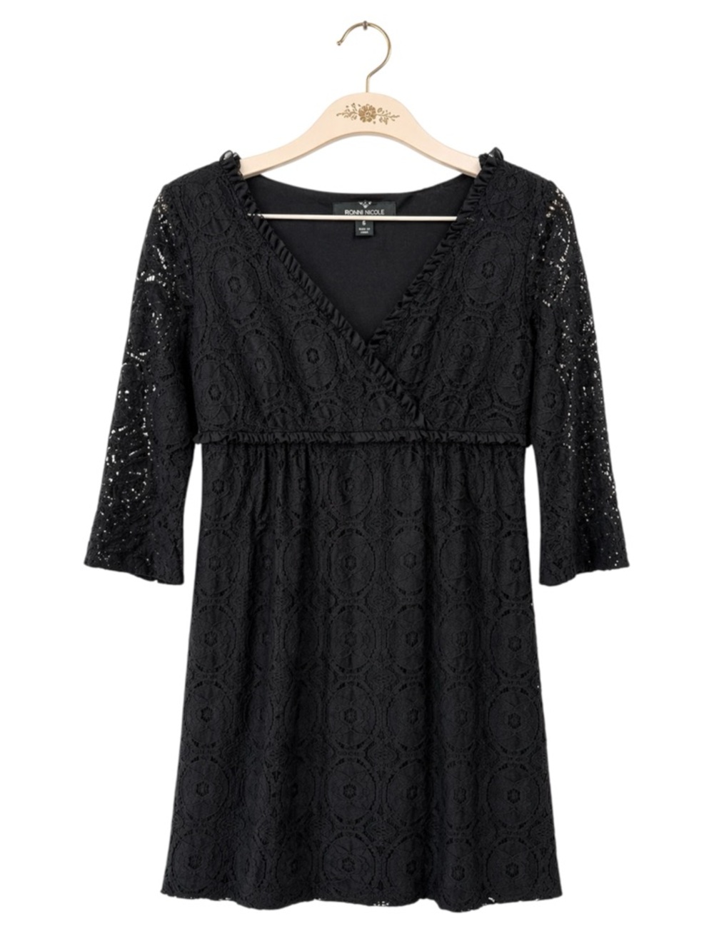 Ronni Nicole Lace Fit & Flare Dress Black 3/4 Sleeve V-Neck Size 6